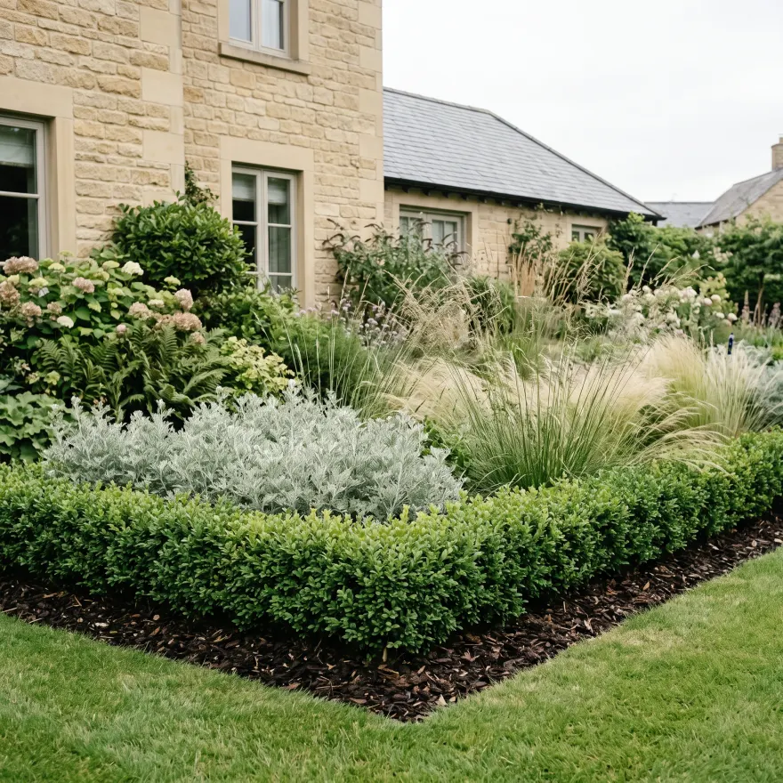 Layered garden bed of silvery shrubs and grasses edged in dark mulch