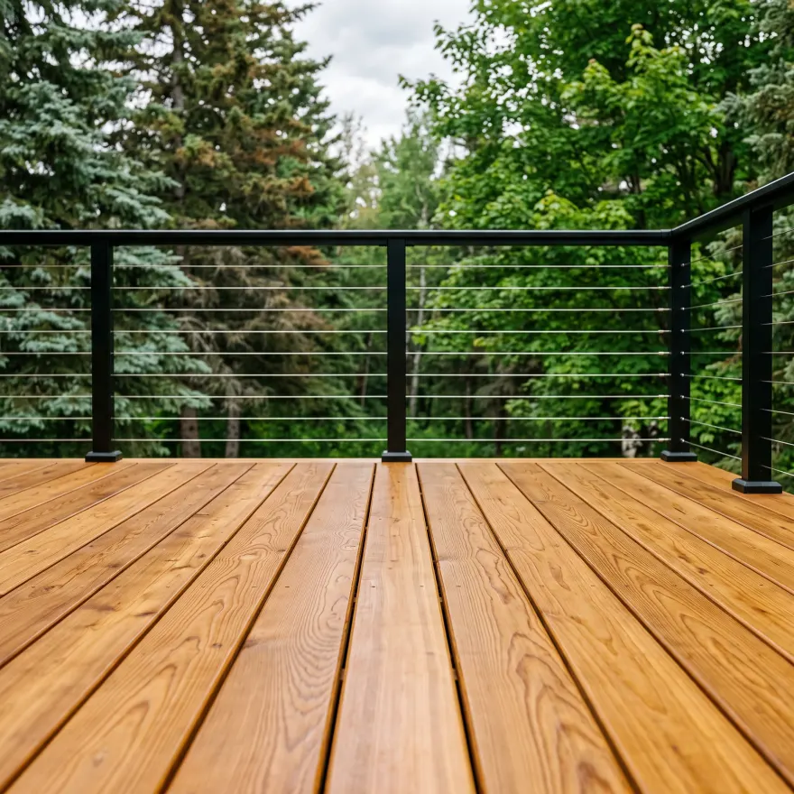 Refinished cedar deck with a black cable railing, boards holding a satin sheen