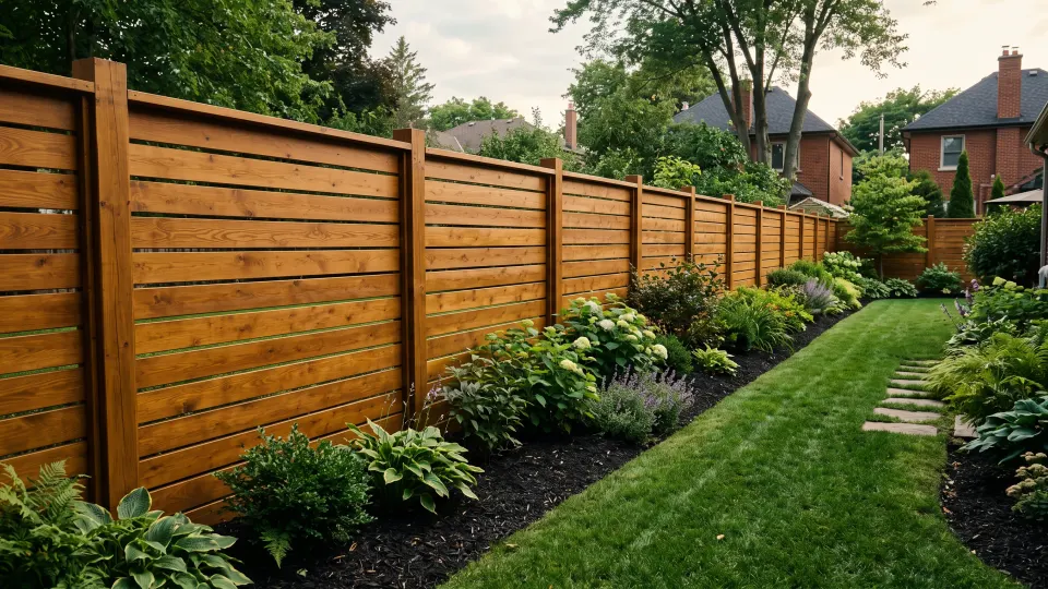 Re-stained cedar board fence running the length of a back garden