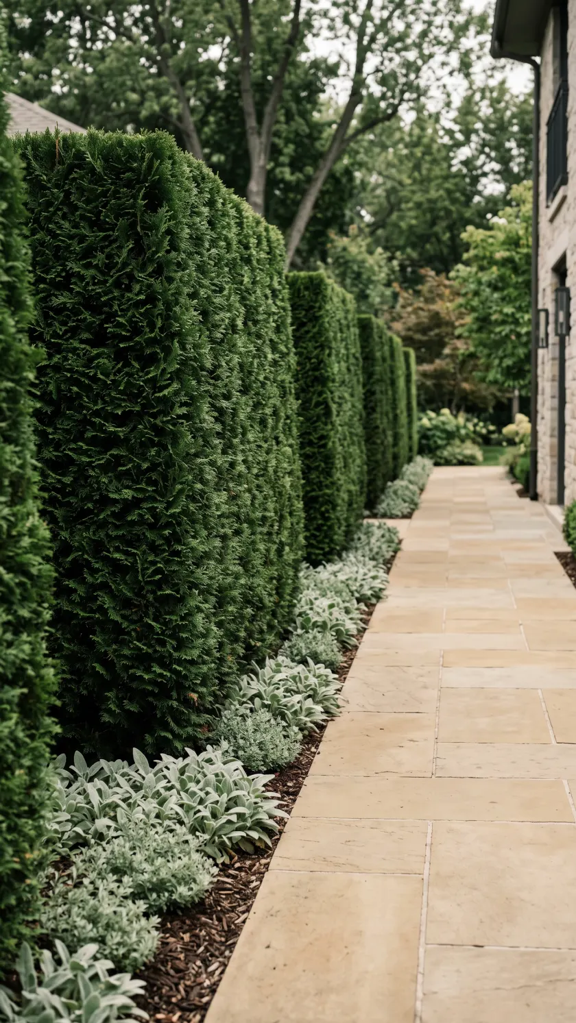 Tall cedar hedge trimmed flat and square beside a stone walkway