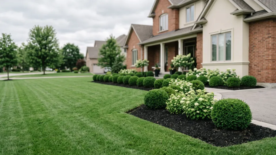 Manicured front lawn edged against a garden bed outside a brick home