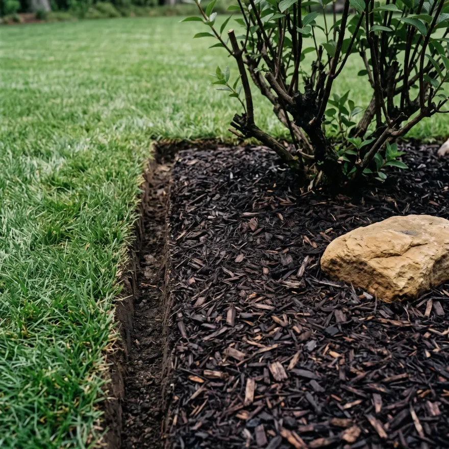 Freshly mulched bed raked smooth against a hand-cut edge and green lawn