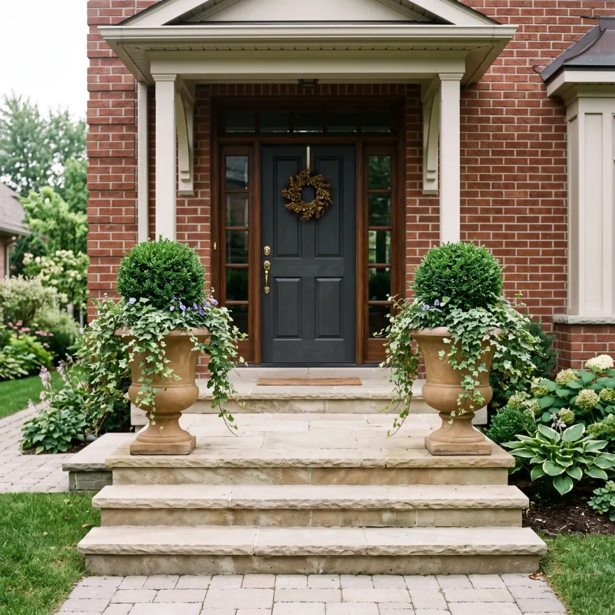 Paired stone planters of clipped boxwood flanking a swept front entry