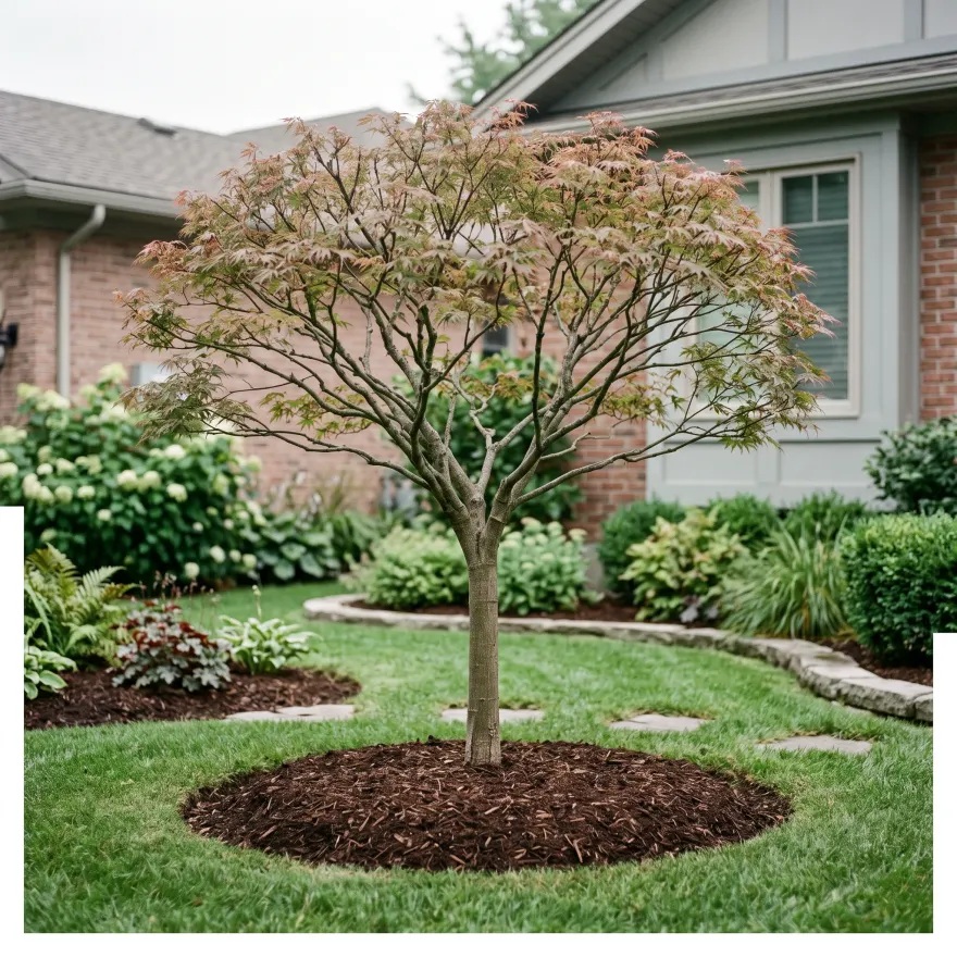 Young ornamental maple after a clean prune, canopy lifted and evenly balanced