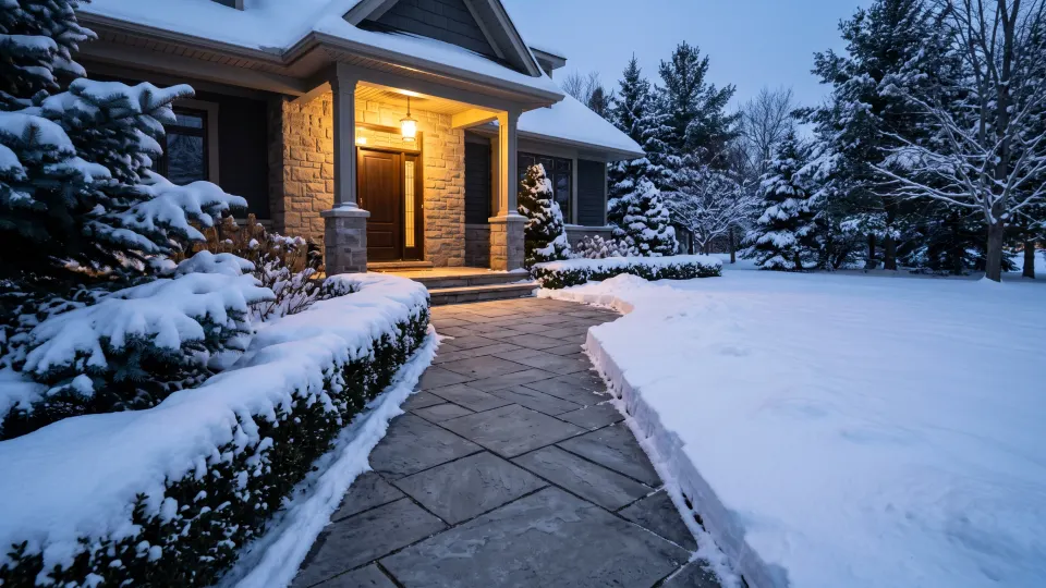 Front walkway cleared to bare stone beside a cut bank of deep snow