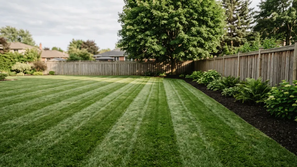 Freshly mowed backyard lawn with crisp parallel mower stripes