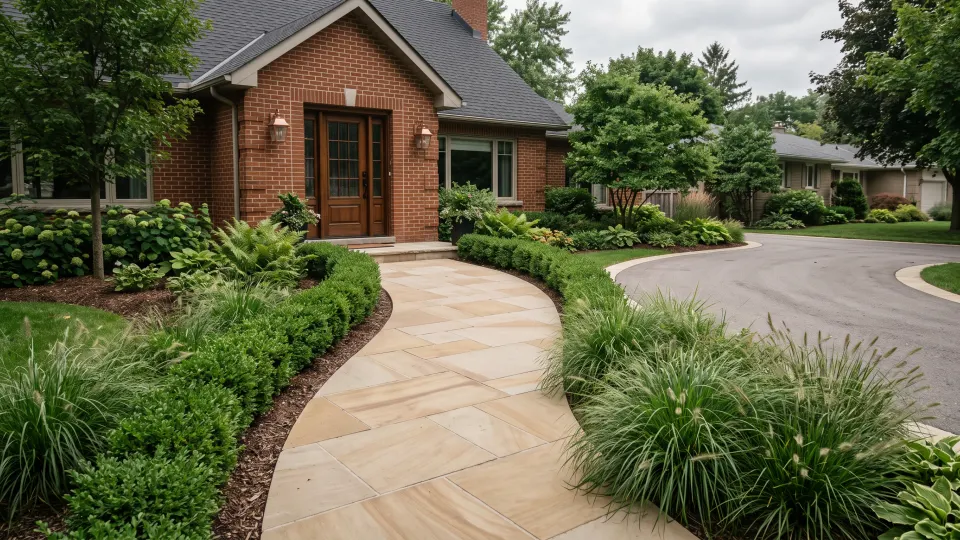 Swept stone walkway curving between low hedging toward a brick entry