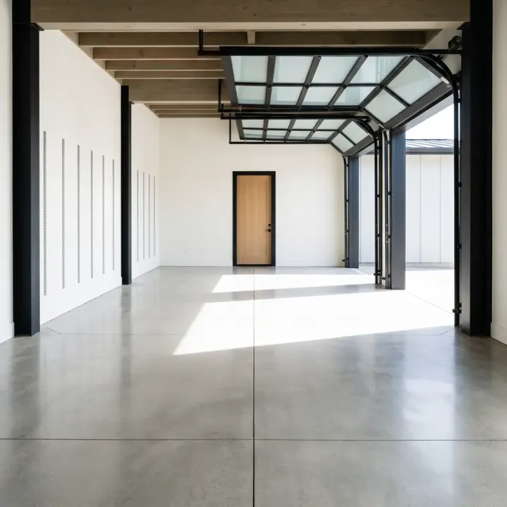 A double garage cleared to a bare polished floor, both bays empty and the door open to daylight.