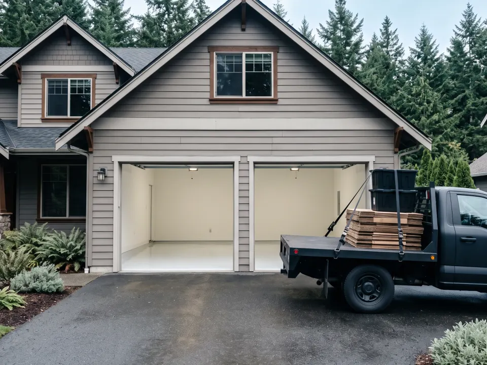A garage standing empty to the bare floor with a flatbed truck backed up outside, loaded and strapped down.