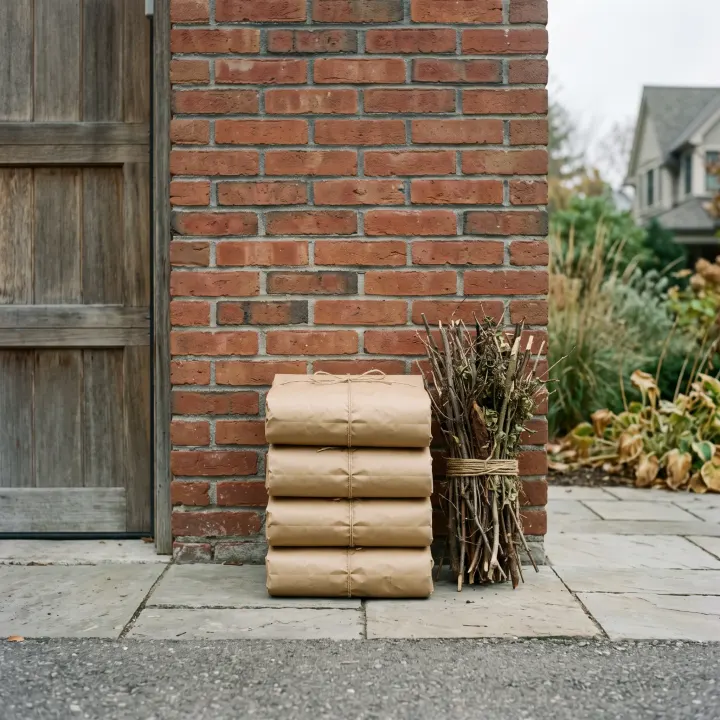 A neatly squared stack of tied yard-waste bags and bundled brush set against a brick garage wall, ready to be taken away.