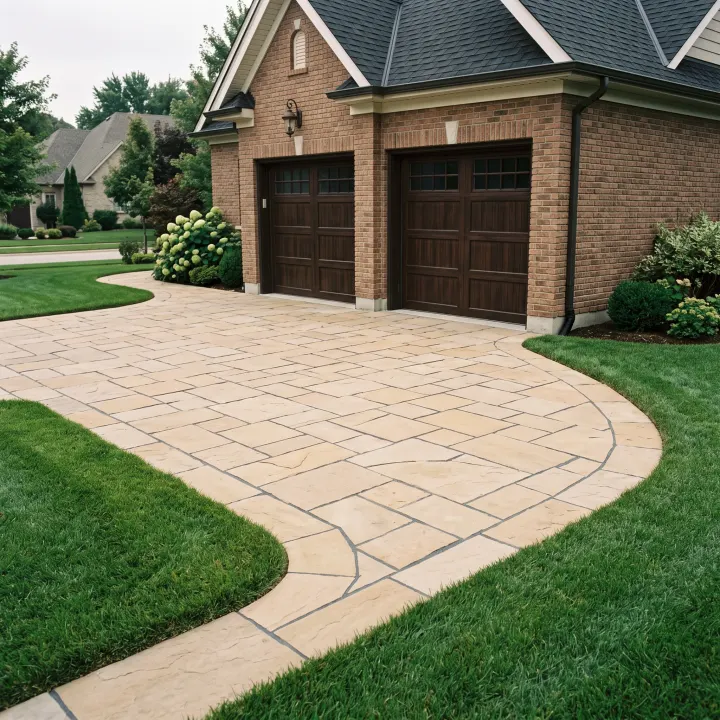 A stone driveway apron swept immaculately clean to the joint lines, edges crisp against trimmed lawn.