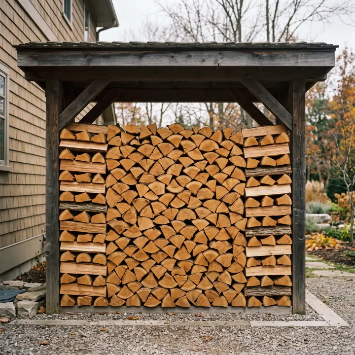 Split firewood stacked square and level under a clean overhang, the rows even and the ends aligned.
