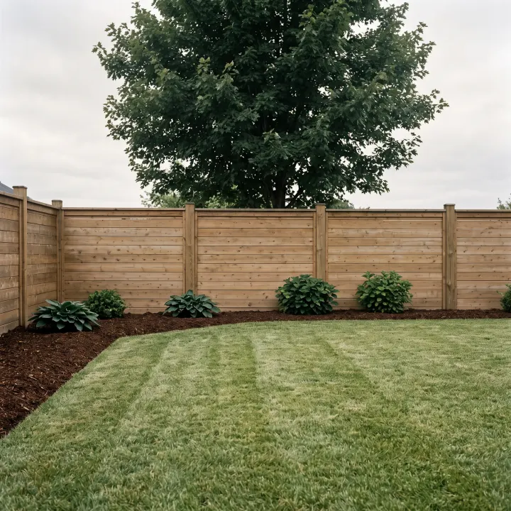 A yard fully cleared and swept, lawn cut and hand-edged with nothing left standing or lying anywhere in frame.