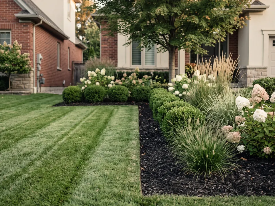 A lawn carrying crisp parallel mowing stripes meeting a hand-edged garden bed with a clean vertical cut line.