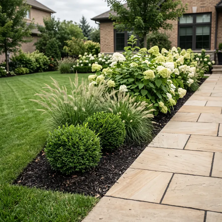 A planted border beside a stone walkway, clipped boxwood and ornamental grasses layered in fresh mulch.