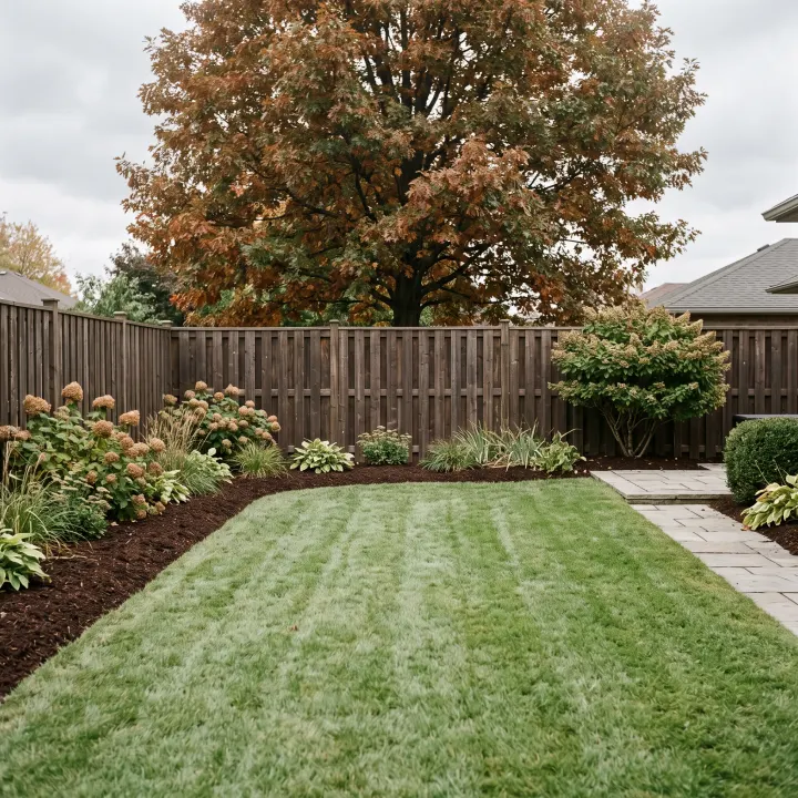 A back garden at the finish of a seasonal clean-up: lawn cut and edged, beds raked clear and re-mulched, borders tidy.