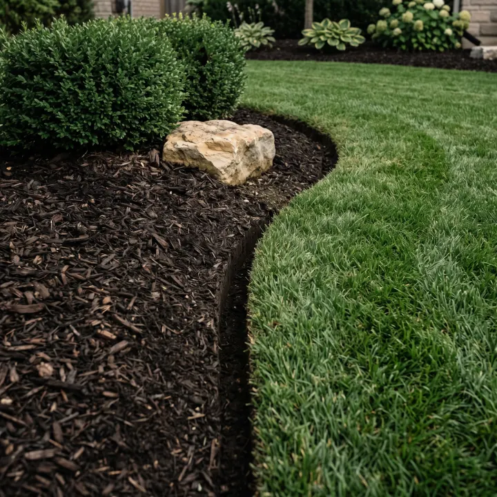 A hand-cut bed edge: a crisp vertical spade line separating dense green lawn from fresh dark mulch.