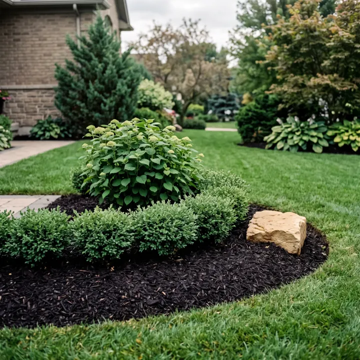 A freshly mulched garden bed, rich dark bark raked smooth and even around the base of a clipped hydrangea.