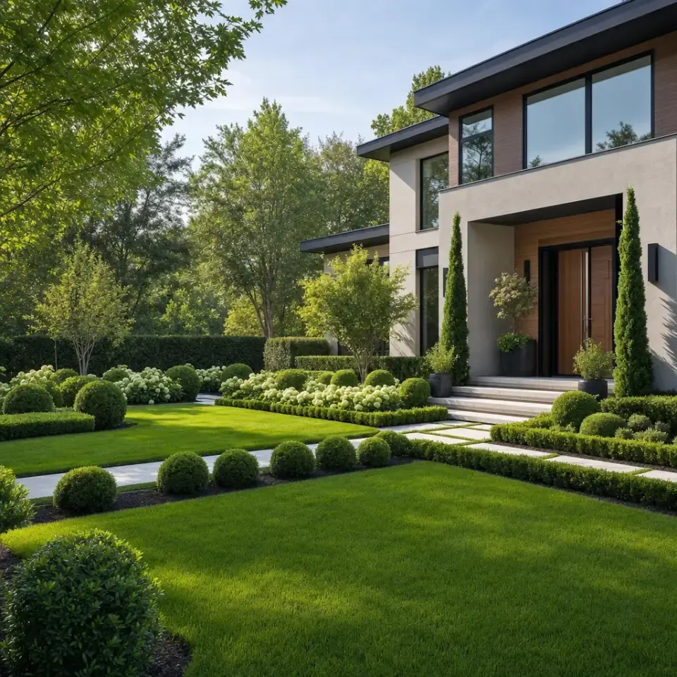 A dense, evenly green lawn running up to clipped boxwood and a planted border, the turf thick enough to hide the soil.
