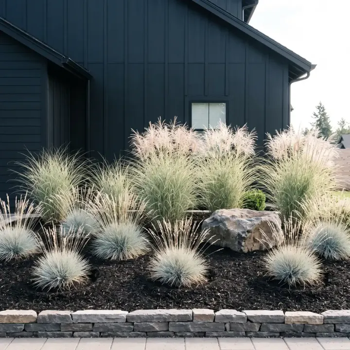 A planted bed set above stacked stone edging, a feature boulder among ornamental grasses in fresh dark mulch.