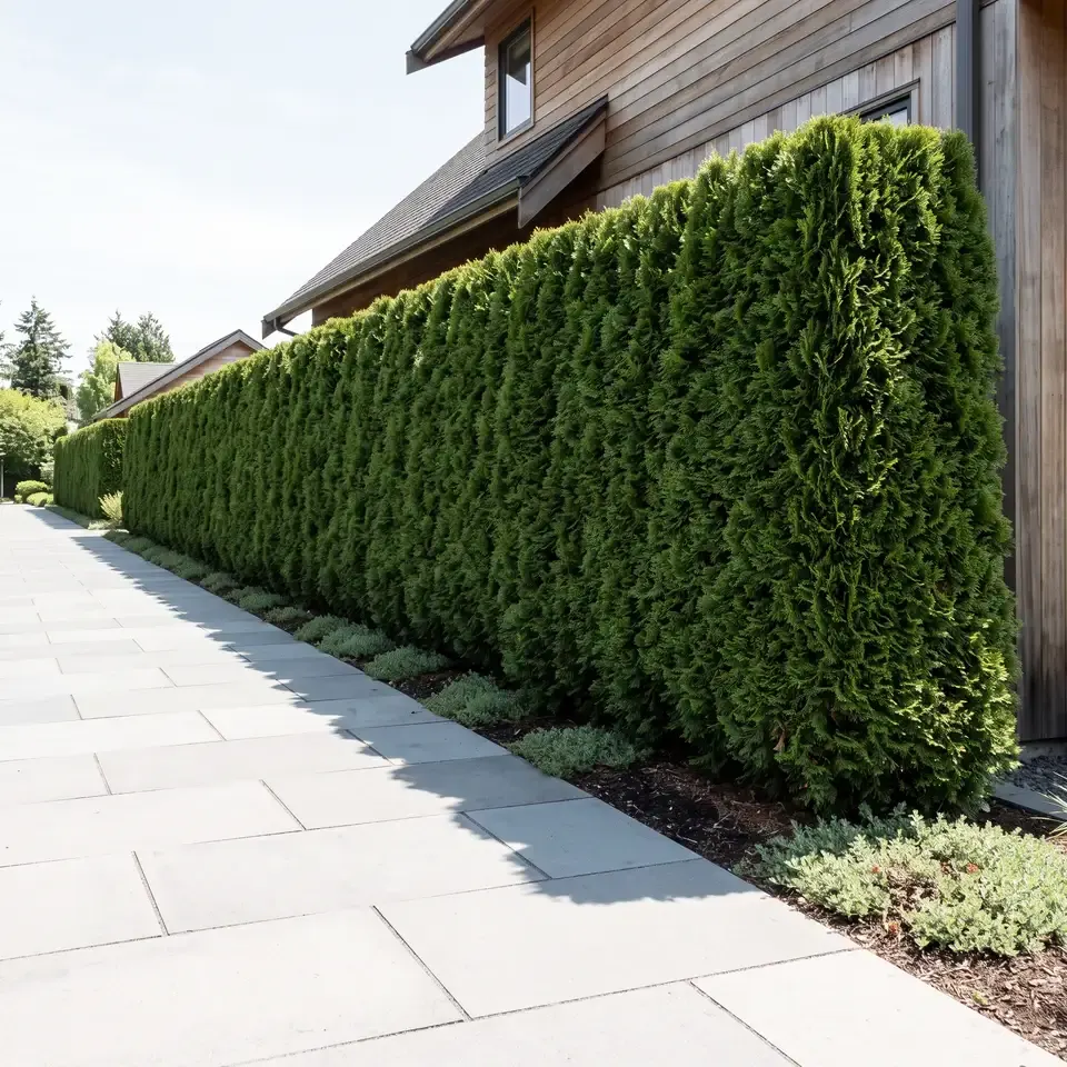 A tall cedar hedge cut square and flat along its face and top, running beside a paved walk above a mulched strip.