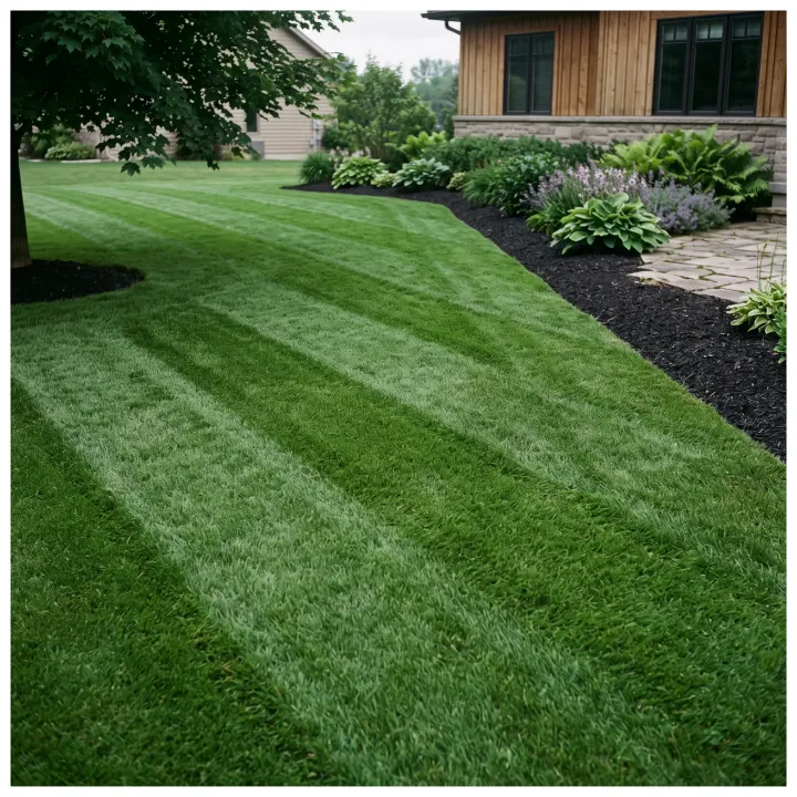 A freshly mowed lawn with crisp parallel mowing stripes running to a clean hand-cut edge against a dark mulched bed.