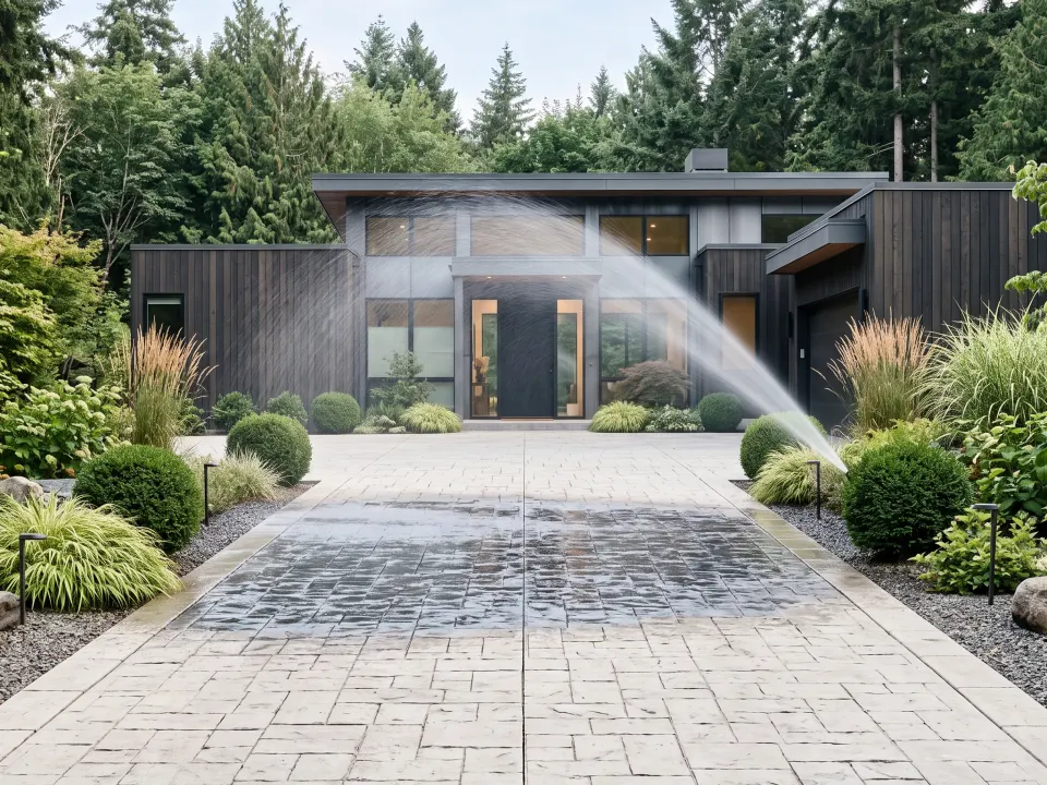 A wide paver driveway part-way through a wash, the cleaned ground reading noticeably lighter than the rest.