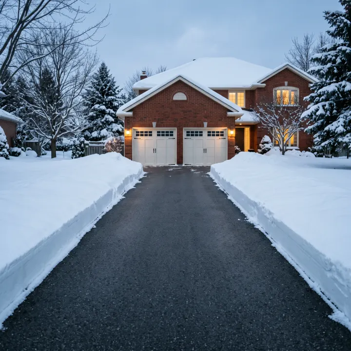 A driveway cleared to bare dry surface, flanked on both sides by deep untouched snow along a clean-cut bank edge.