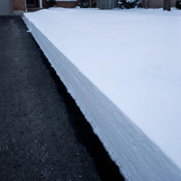 The cut edge where cleared ground meets deep unbroken snow: a sharp clean vertical face in the snow bank.