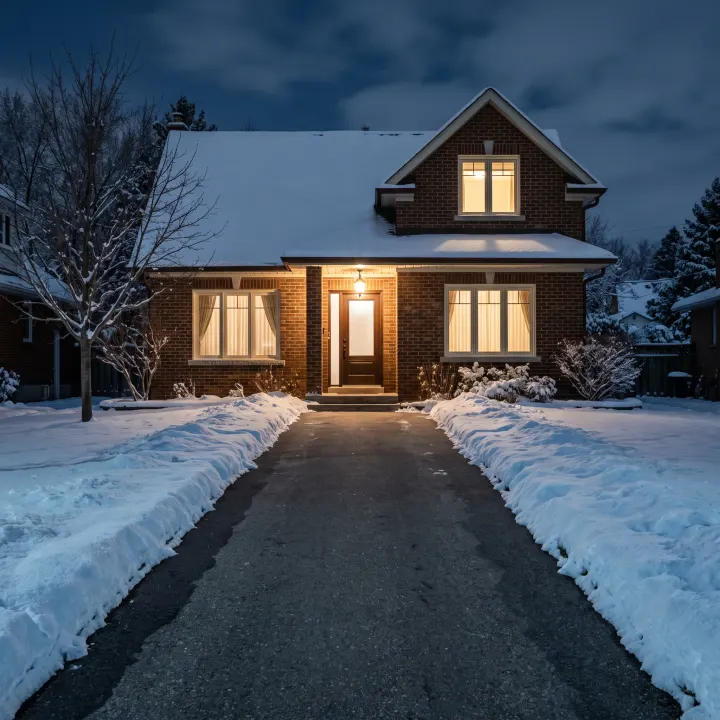A cleared driveway at night under warm porch light, the surface reading bare and dry against cold blue snow.