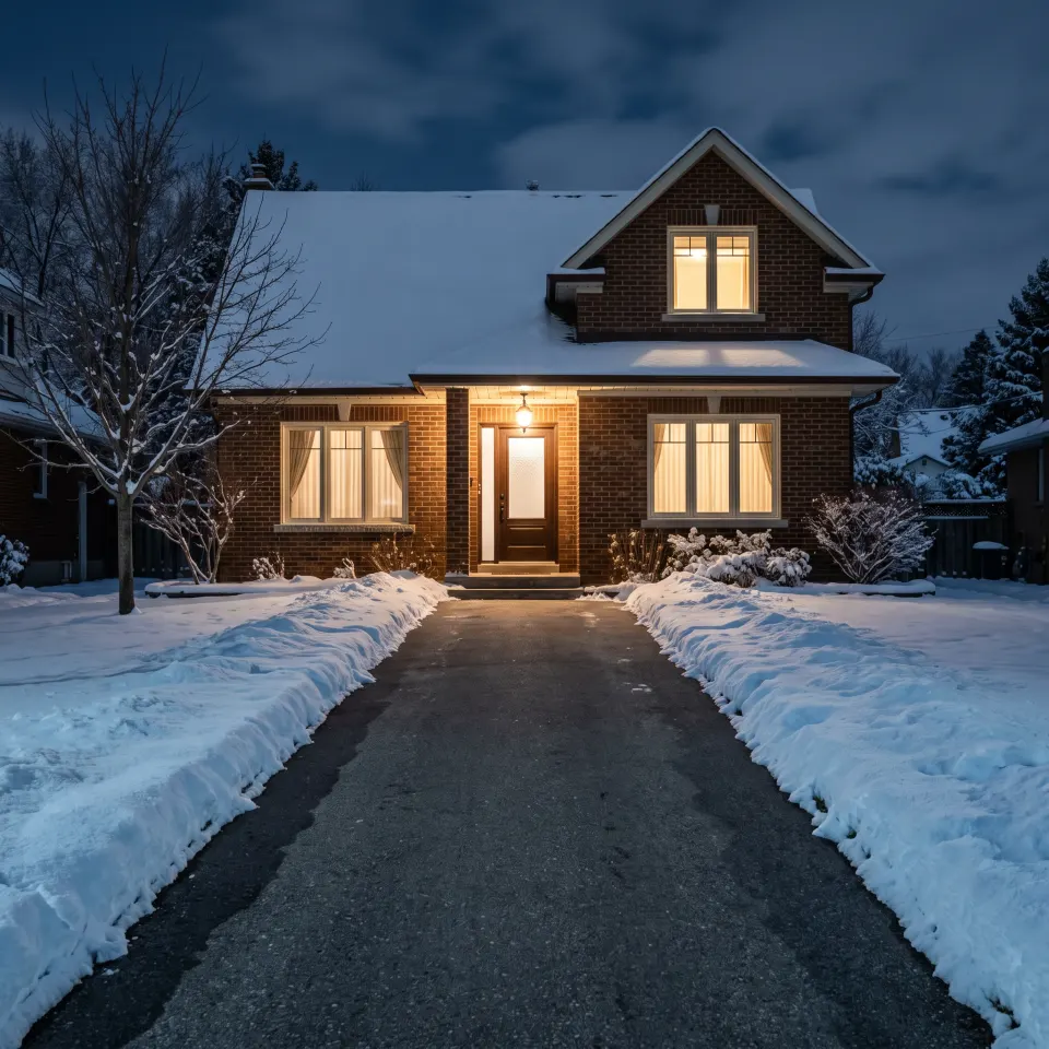 A cleared driveway at night under warm porch light, the surface reading bare and dry against cold blue snow.