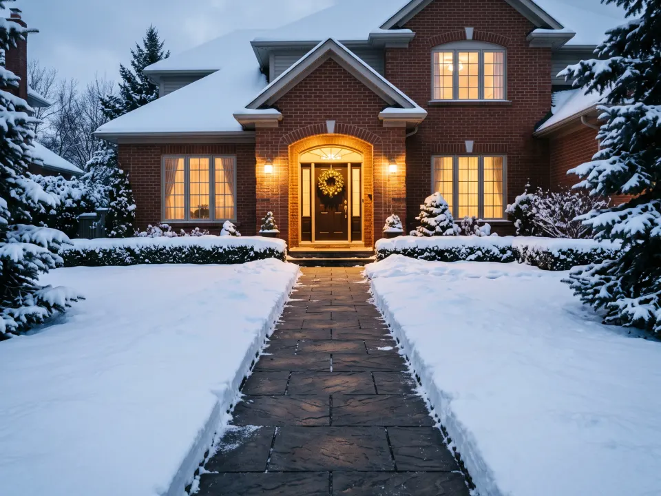 A driveway and front walkway cleared to bare dry surface after an overnight snowfall, meeting deep untouched snow along a crisp cut bank edge.
