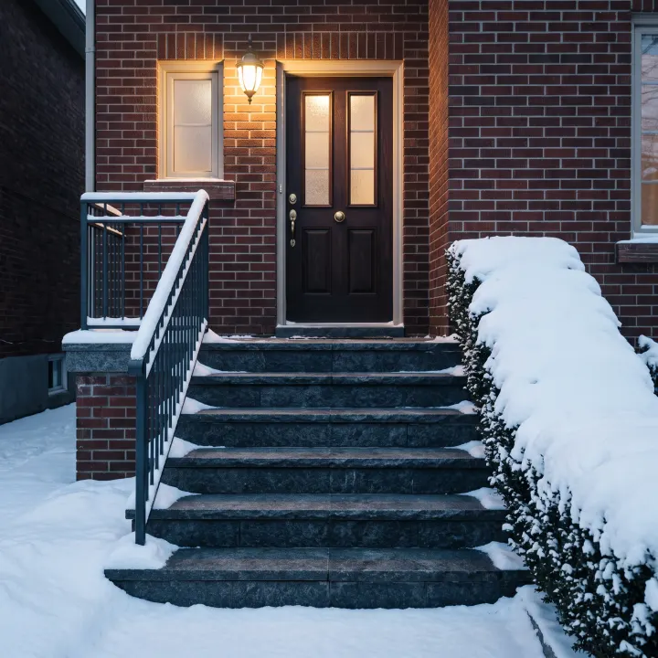 Front entry steps cleared and treated after a snowfall, the stone dry and grippy with clean square edges.