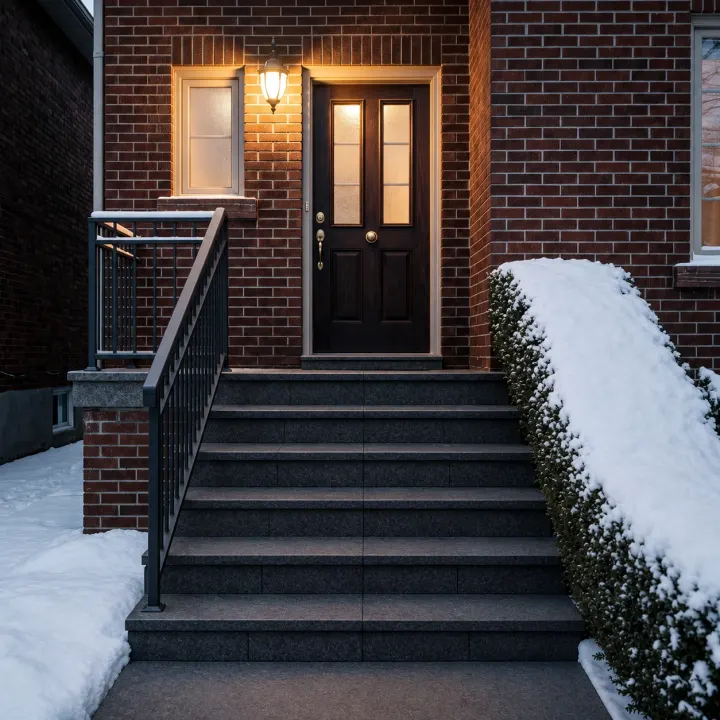Front entry steps cleared and treated after a snowfall, the stone dry and grippy with clean square edges.