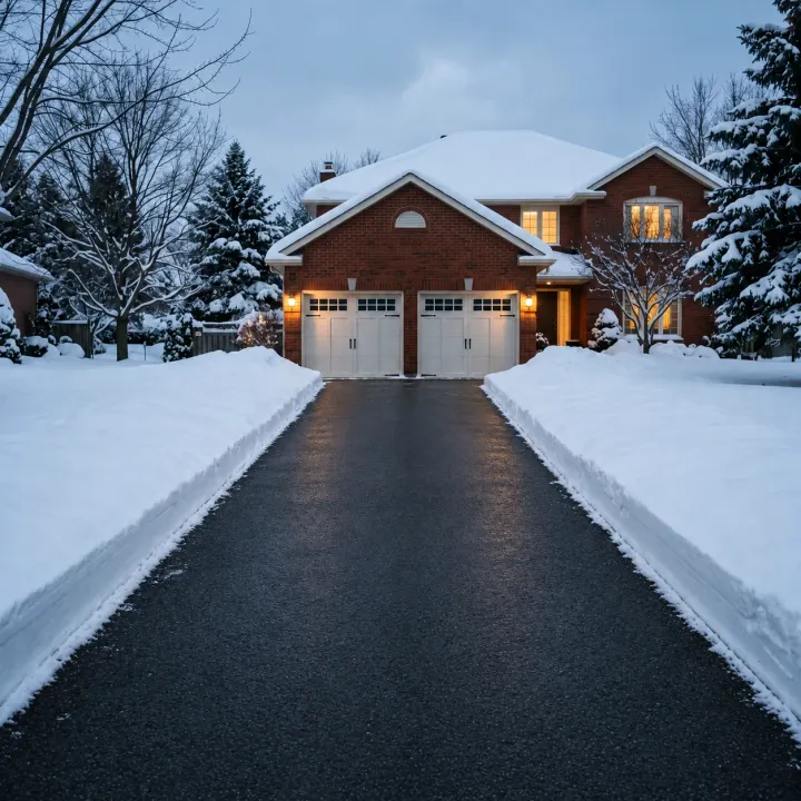 A front walkway cleared in one unbroken line from driveway to entry, snow smooth and undisturbed on either side.