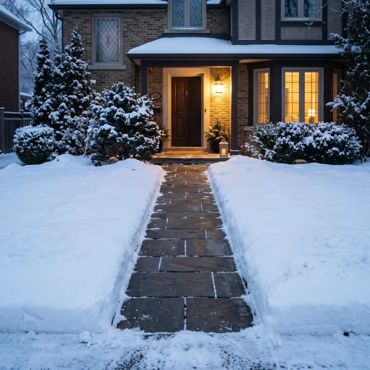 A front walkway cleared in one unbroken line from driveway to entry, snow smooth and undisturbed on either side.