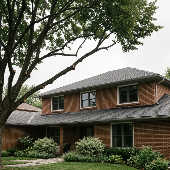 Clear open air between a freshly pruned canopy and the roofline of a brick home, limbs shortened cleanly back to healthy growth.