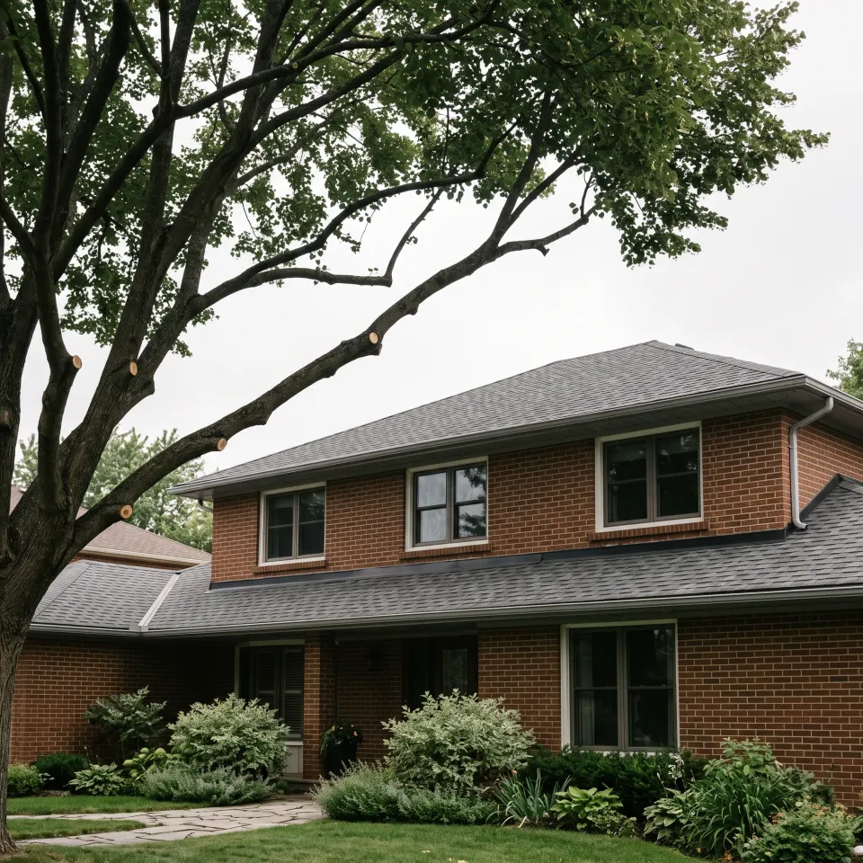 Clear open air between a freshly pruned canopy and the roofline of a brick home, limbs shortened cleanly back to healthy growth.