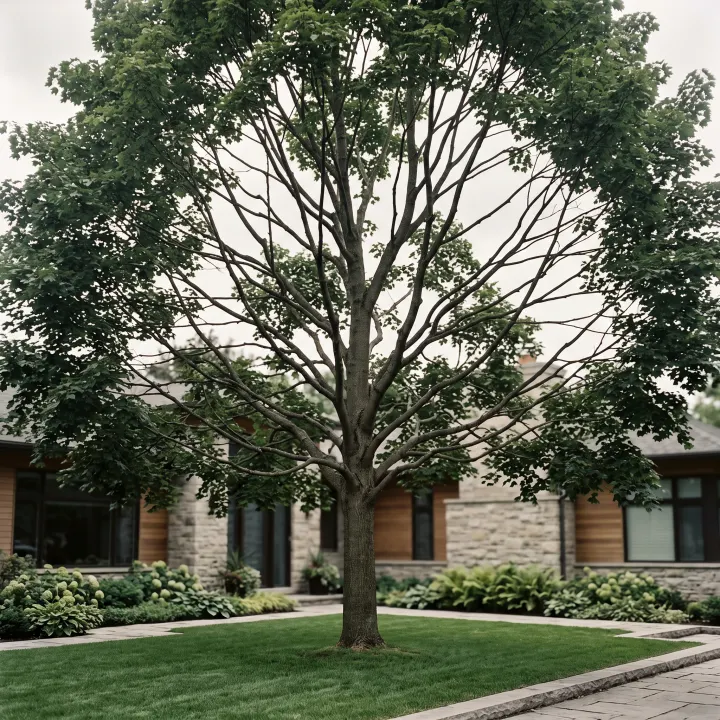 A mature maple after a crown clean, canopy evenly balanced and branch structure open against an overcast sky.