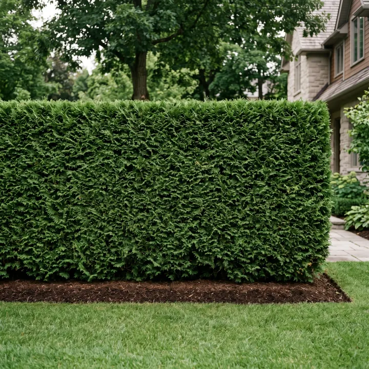 A cedar hedge trimmed dead flat and square, the face dense and evenly green from top to bottom.