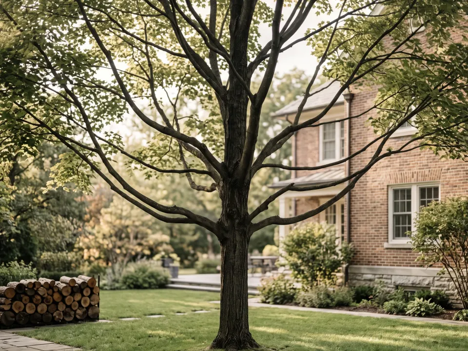 A mature sugar maple after a crown clean, its canopy lifted and thinned so daylight falls in soft dappled patches on the lawn below.
