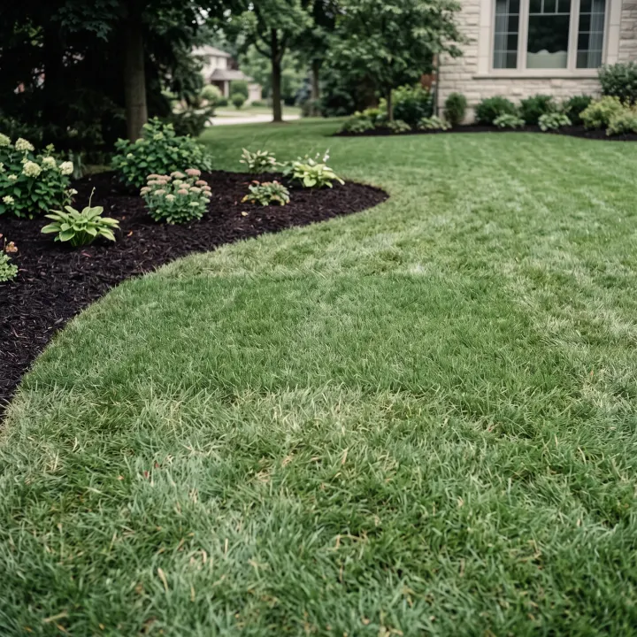 Lawn where a stump has been ground out and the ground fully restored, fresh soil raked level and new grass knitting in.
