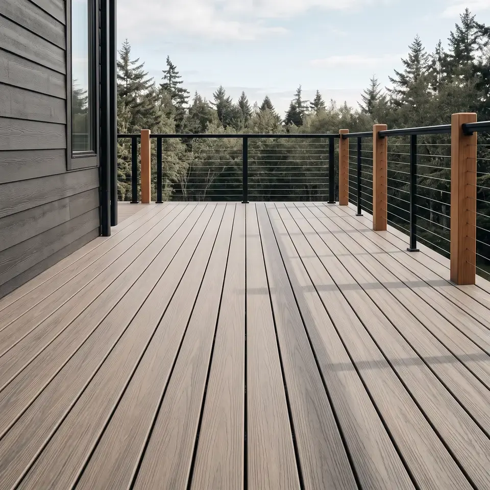 A clean deck seen along the boards, grain visible and the gaps between boards clear of debris.