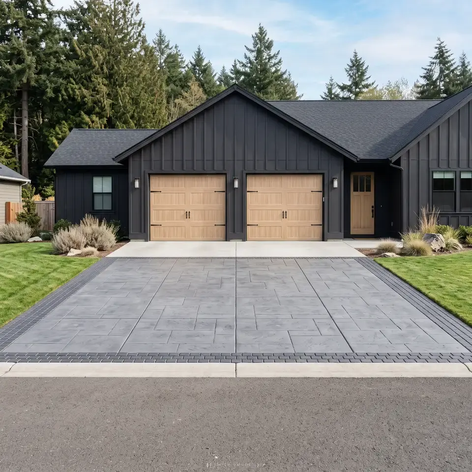 A wide paver driveway washed clean to an even grey, the darker banding of its border course sharp against the field.