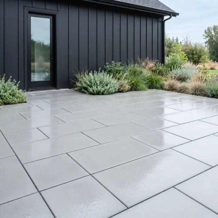 Large-format patio slabs washed clean and still wet, the joint lines between them dark and unbroken.