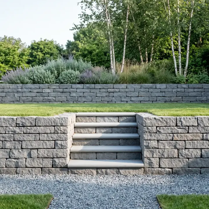 Stone steps set into a stacked stone wall, the treads and joints washed clean above a gravel path.