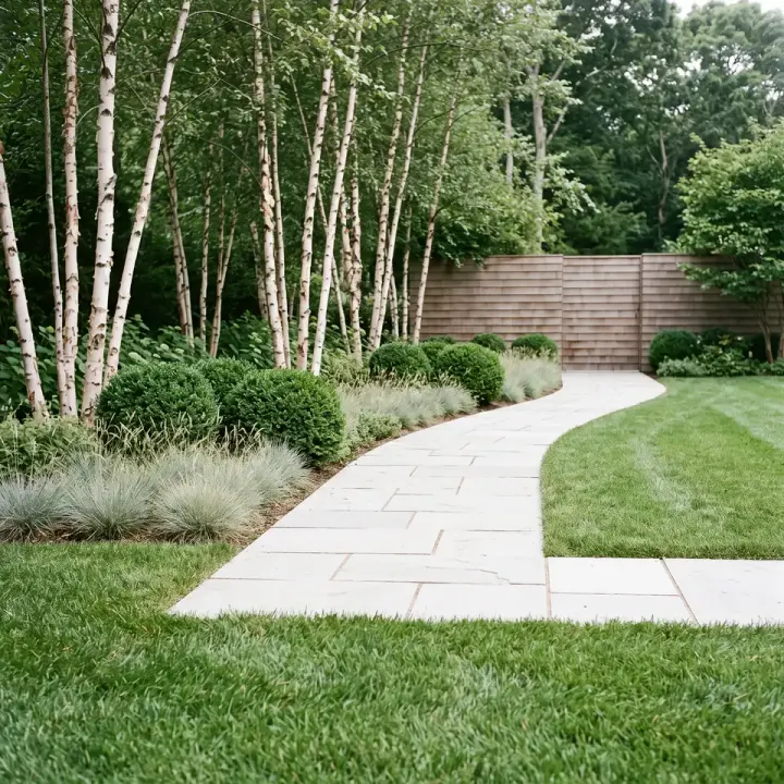 A flagstone walkway curving through lawn, the joints between slabs clean and evenly filled.