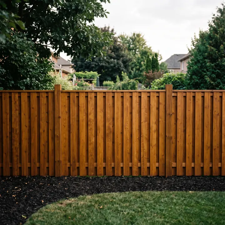 A re-stained cedar board fence, colour deep and uniform from post to post with the grain still sharp.