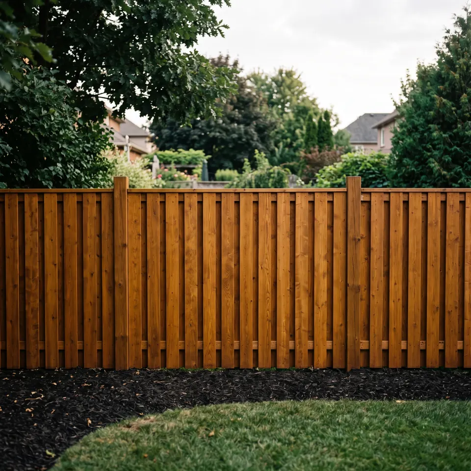 A re-stained cedar board fence, colour deep and uniform from post to post with the grain still sharp.