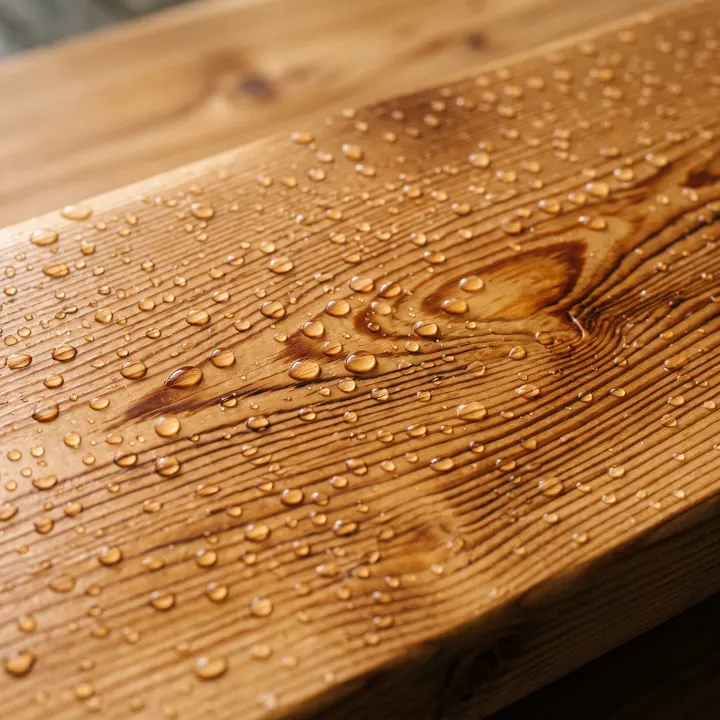 Finished cedar grain with water beading tight and round on the surface, the grain lines sharp beneath.